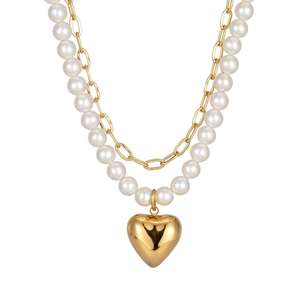 Double Layer Heart Pendant Freshwater Pearl Necklace Women's 18K Titanium Steel Jewelry