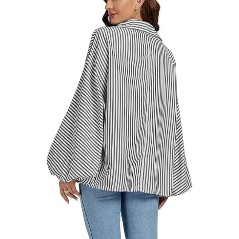Women's Elegant Loose Casual Single Breasted Striped Shirt Lantern Sleeve Long Sleeve Lapel Shirt