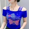 Summer Women Bow Letter Shiny Hot Diamonds T-Shirt Sexy Off Shoulder Slim Top New Chic Short Sleeve Tees Shirts