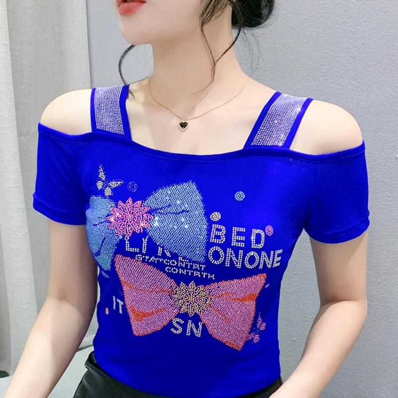 Summer Women Bow Letter Shiny Hot Diamonds T-Shirt Sexy Off Shoulder Slim Top New Chic Short Sleeve Tees Shirts