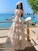 French holiday dress female pure desire sexy halter neck chiffon printed cake long dress temperament birthday dress