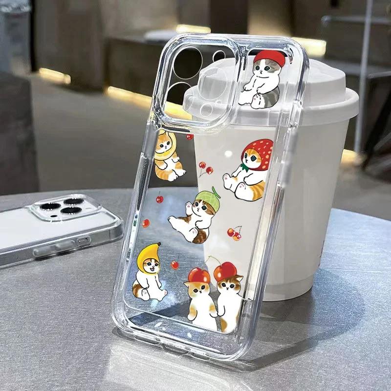 

Strawberry & Cat Pattern Soft Phone Case For iPhone 11 12 13 14 Pro Max 15 Pro Max X XR XS Max 7 8 16 Plus 16Pro Soft TPU Cover iPhone 15Pro Max