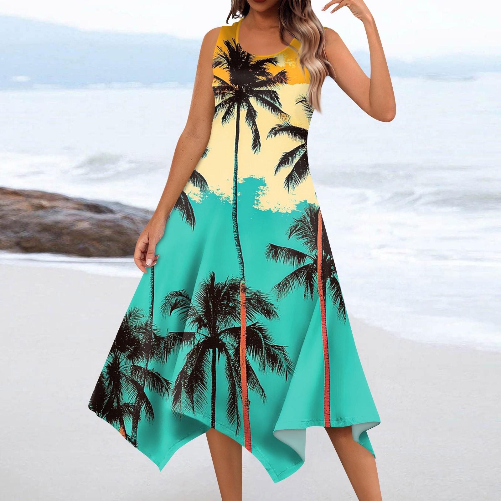 

Женское повседневное модное платье миди без рукавов с круглым вырезом и цветочным принтом, нерегулярный подол XXL