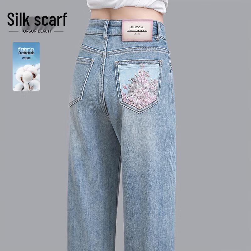 

Women s High-Waist Washed Embroidered Wide-Leg Jeans L