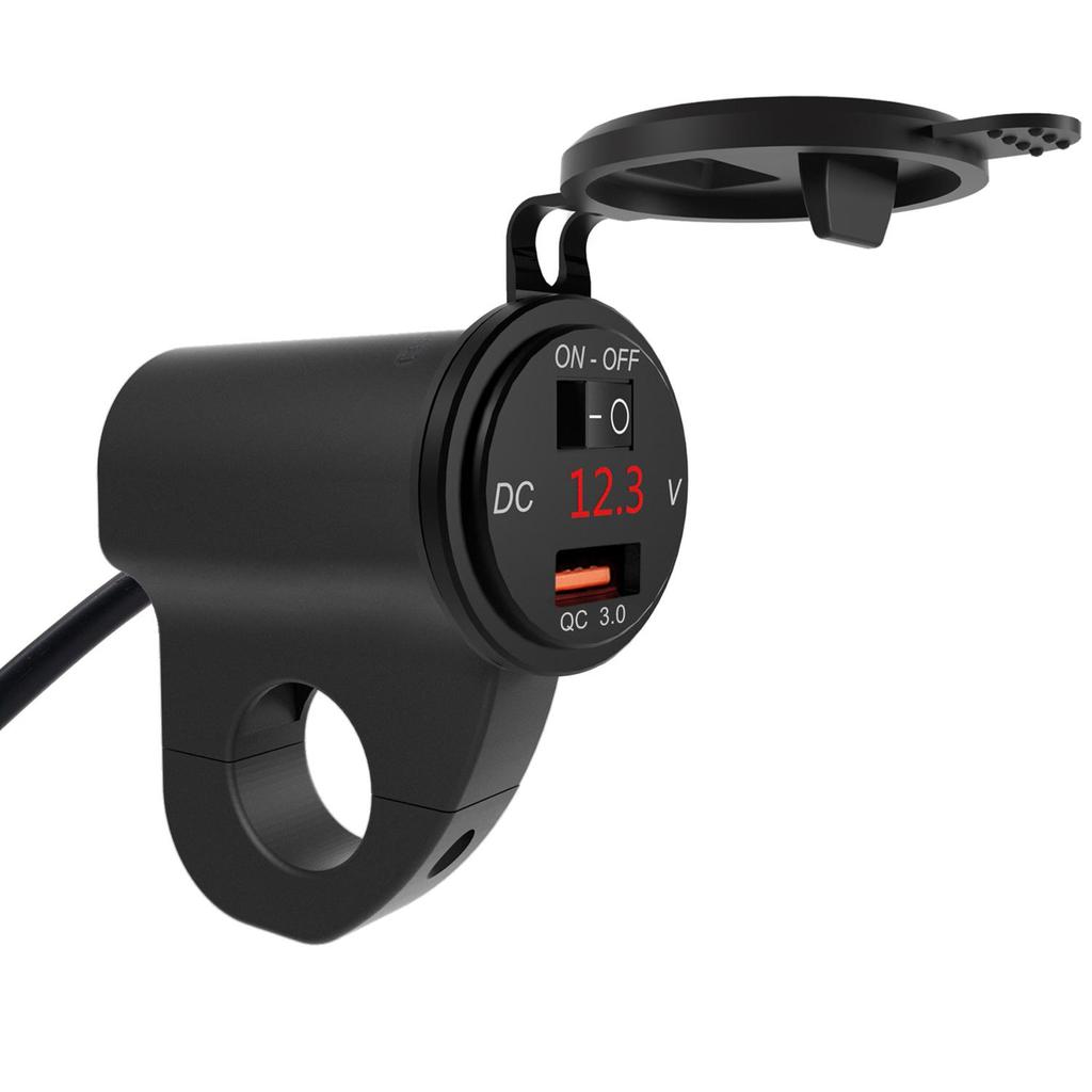 12V Motorcycle Handlebar 2.4A USB Adapter Charger with Digital Voltmeter Fits for 22mm-26mm Handlebars
