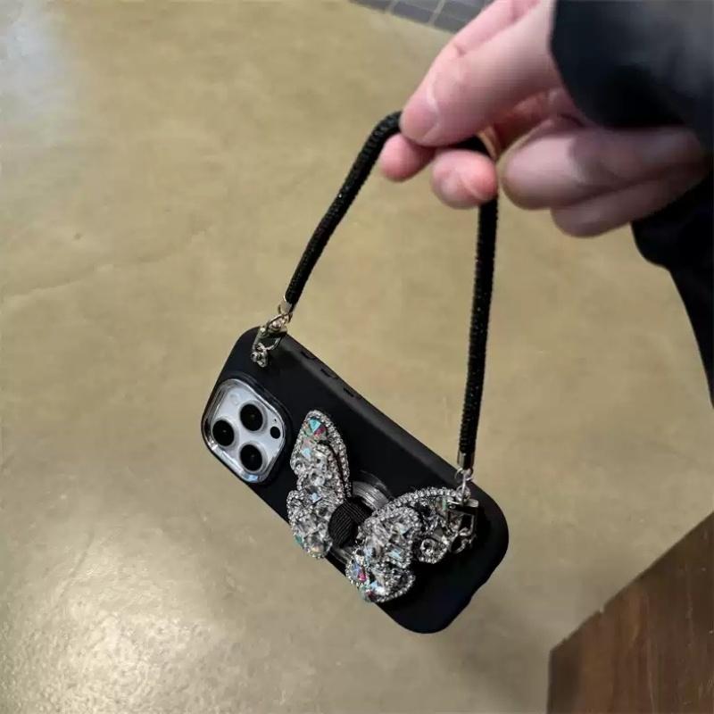 

Черный чехол-бабочка со стразами и цепочкой для вспышки и сверления для iPhone 11 12 13 14 15 Pro Max, эксклюзивный, роскошный, для девочек PC + TPU&for iphone13(6.1 )