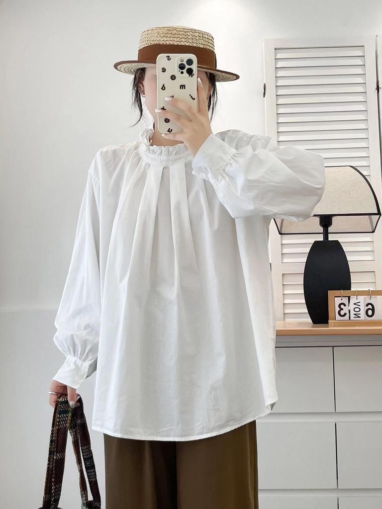 Johnature Japanese Fungus Stand-Up Collar Press-Pleated Top Women Spring Loose Versatile French Tops
