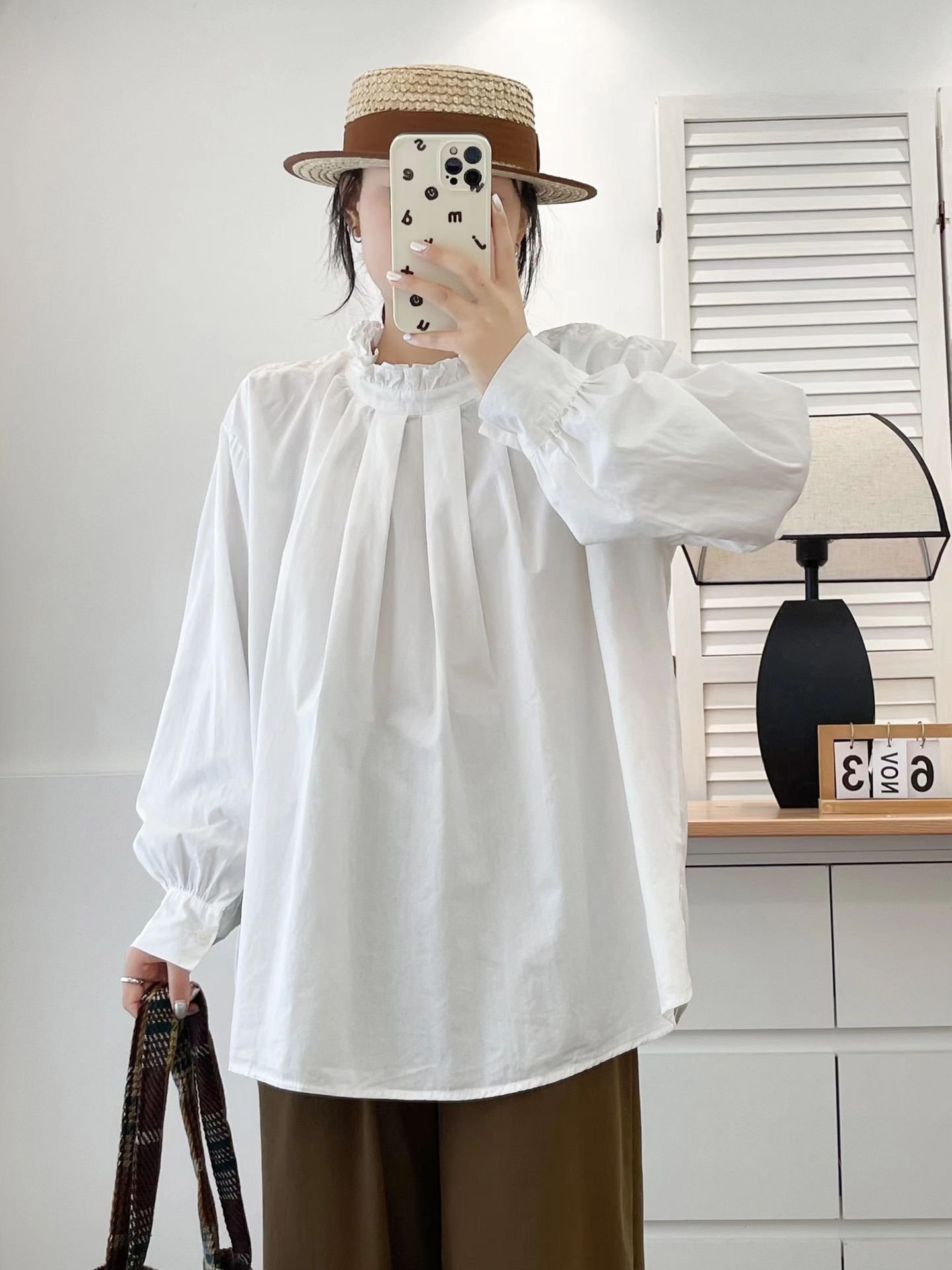 

Johnature Japanese Fungus Stand-Up Collar Press-Pleated Top Women Spring Loose Versatile French Tops One Size белый