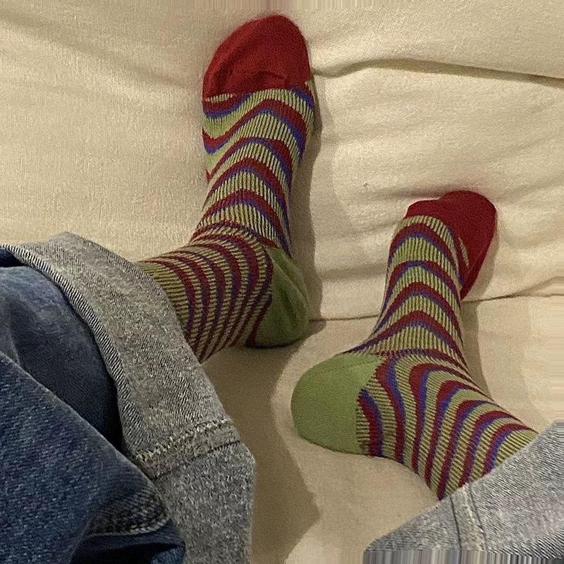 Retro Checkered Socks, Women's Striped Mid-calf Socks, Pile Socks