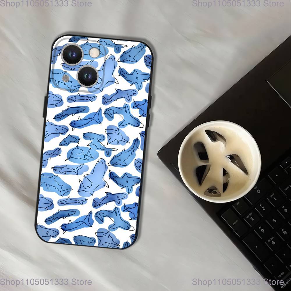 Cute Cartoon Blue Shark Phone Case For iPhone 17,16,15,14,13,12,11,Pro,XS,Max,XR,Plus,E,SE4,Mini Black Soft Cover