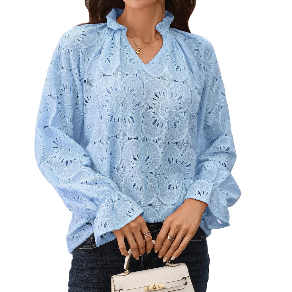 New Autumn-winter Pure-color V-neck Loose Casual Long-sleeved Lace Top for Women