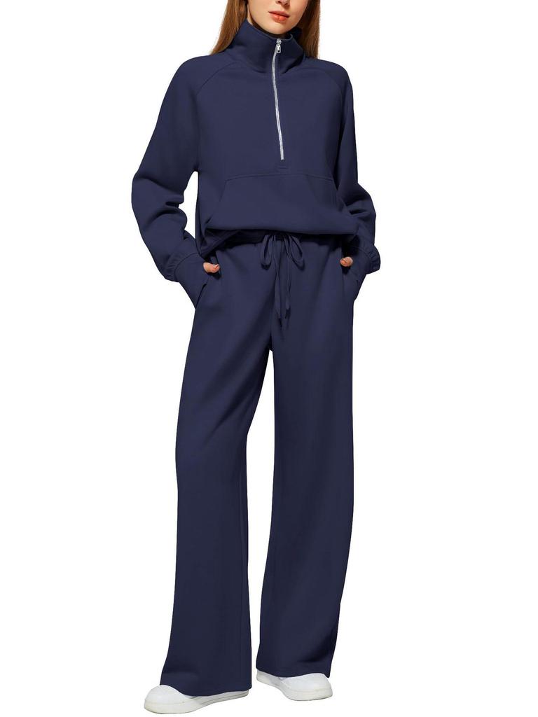 European & American Women's Casual Zipper Sweatshirt and Wide Leg Sweatpants Set