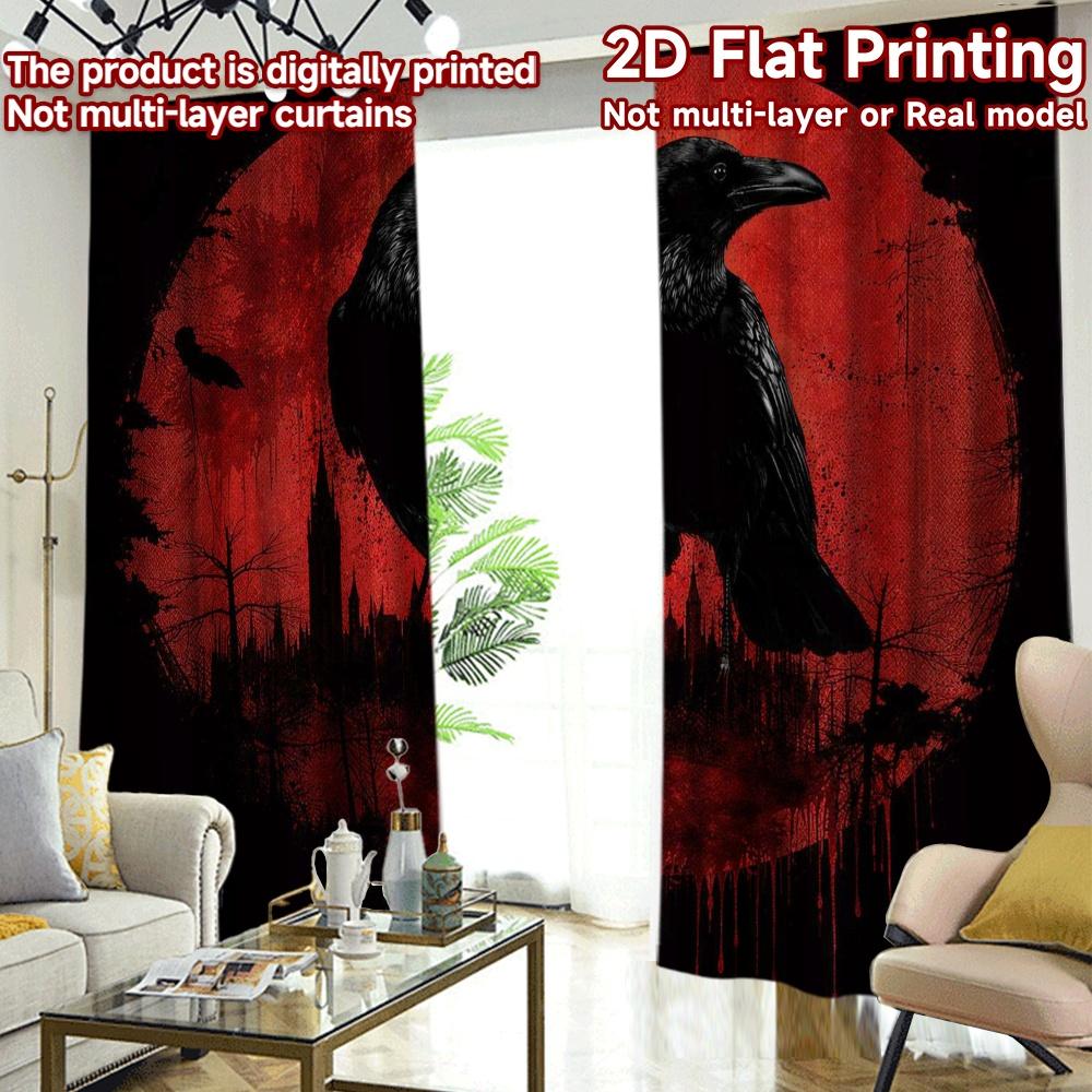 2D FLAT PRINTING 2pcs Curtains (Without Rod) Halloween Raven On Red Modern Curtains&Drapes Versatile 100% Polyester Curtains