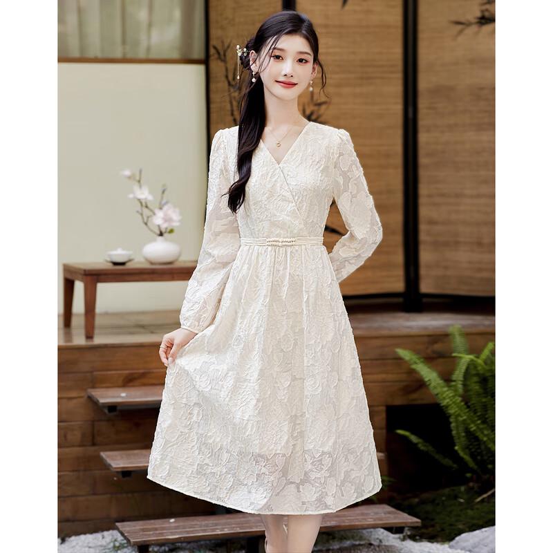 Moon Jade Glaze Elegant 3D Floral Slimming A-line V-neck Dress