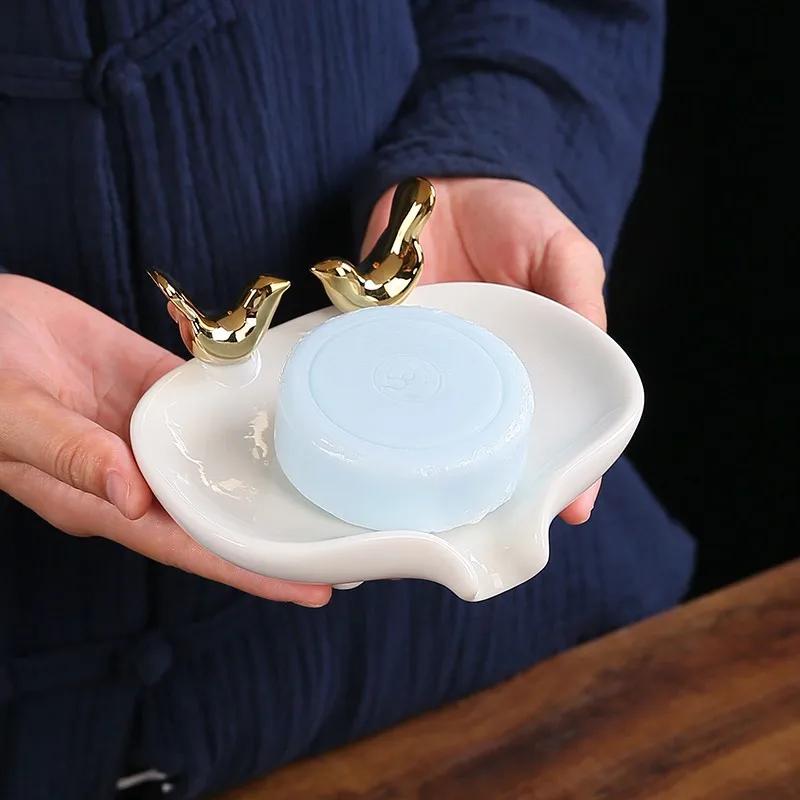 Porcelain Couple Bird Soap Dish Ornamental Ceramics Birdie Miniature Art Soap Dripper Holder Washroom Decor Craft Accessories