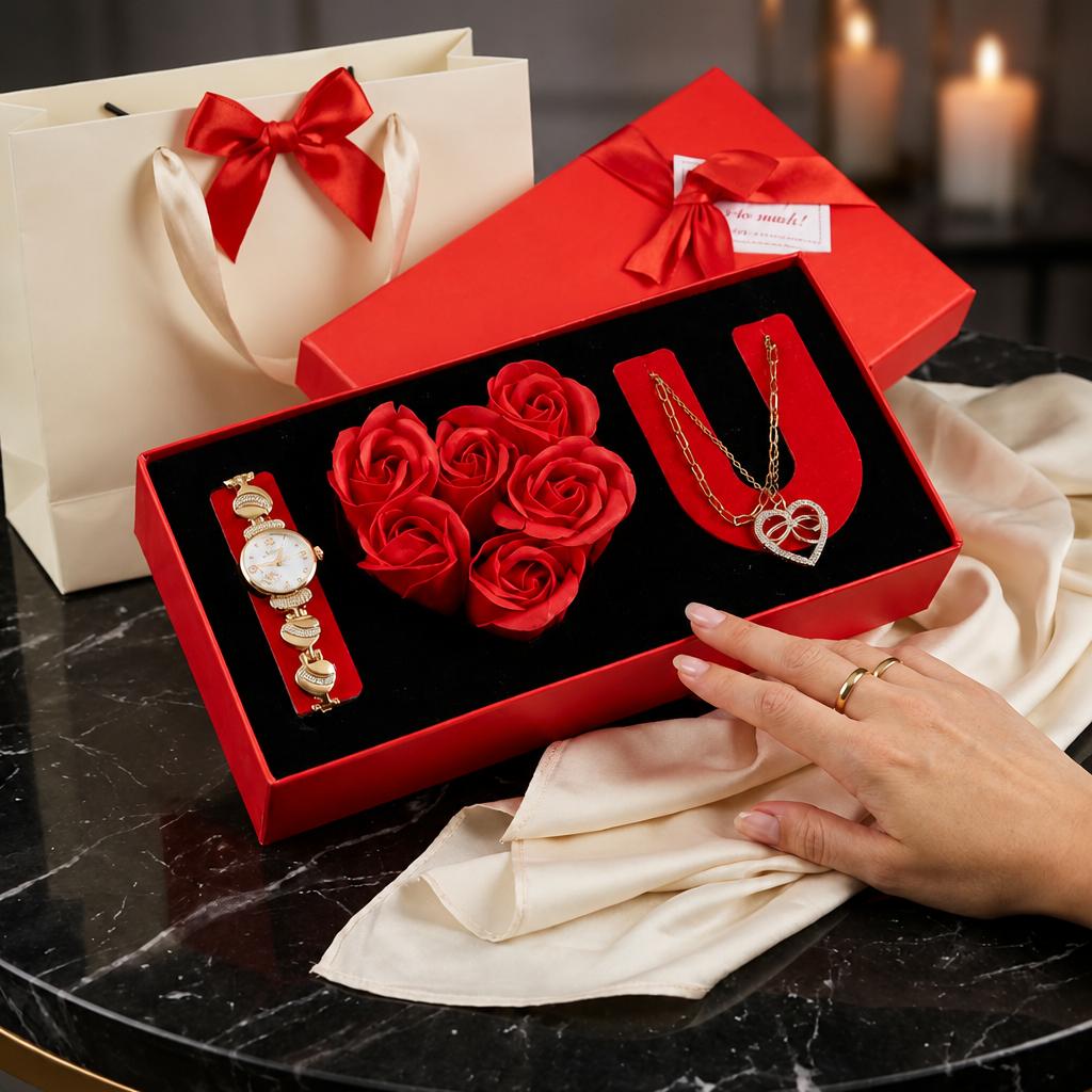Valentine's Day Gift Set for Her Watch Heart Pendant Necklace Red Rose Luxury Anniversary Gift Box Custom Logo and Custom Box