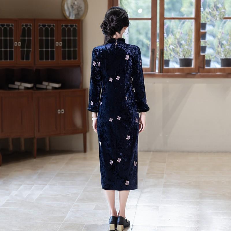 Womens Long Sleeve Velvet Winter Qipao Dress Vintage Chinese Style Modernized Fit
