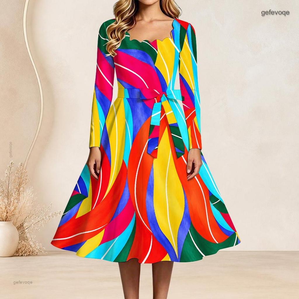Plus Size Women Square Neck Long Sleeve Blue White Printed A Line Dress With Belt