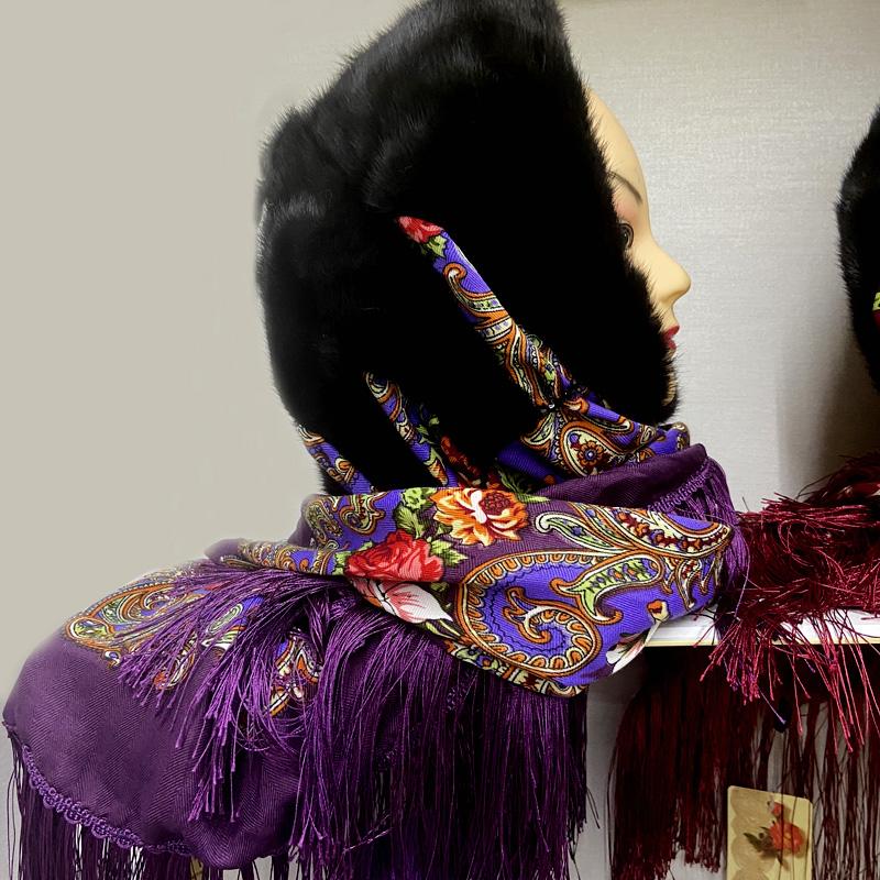 

Stylish Hood Hats for Women Winter Fashionable Luxury Female Warm Real Fur Elegant Tassel Scarf Mink Fur Hat фіолетовий