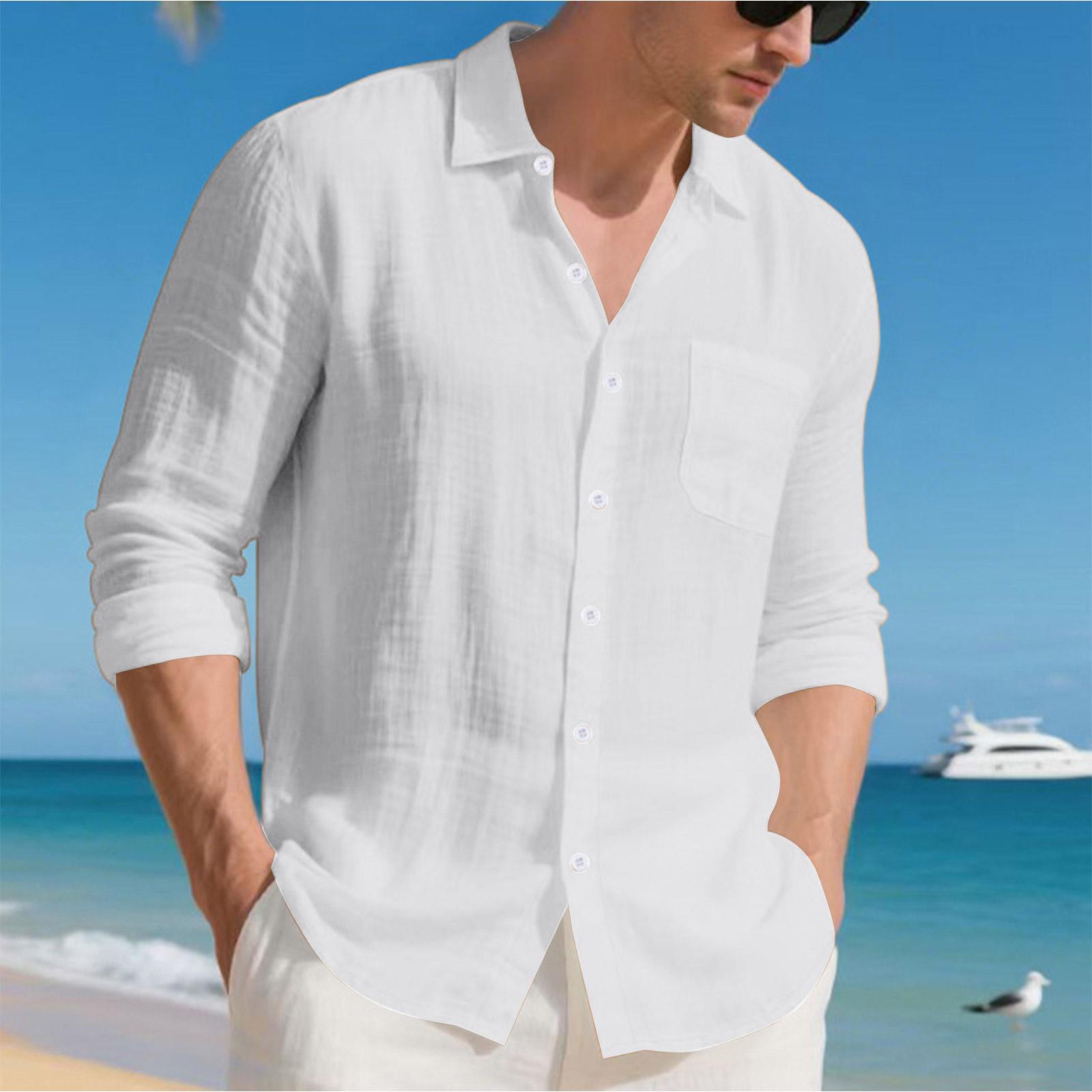 

Мужской однотонный кардиган-рубашка с длинным рукавом и воротником, свободного кроя, из льна L белый