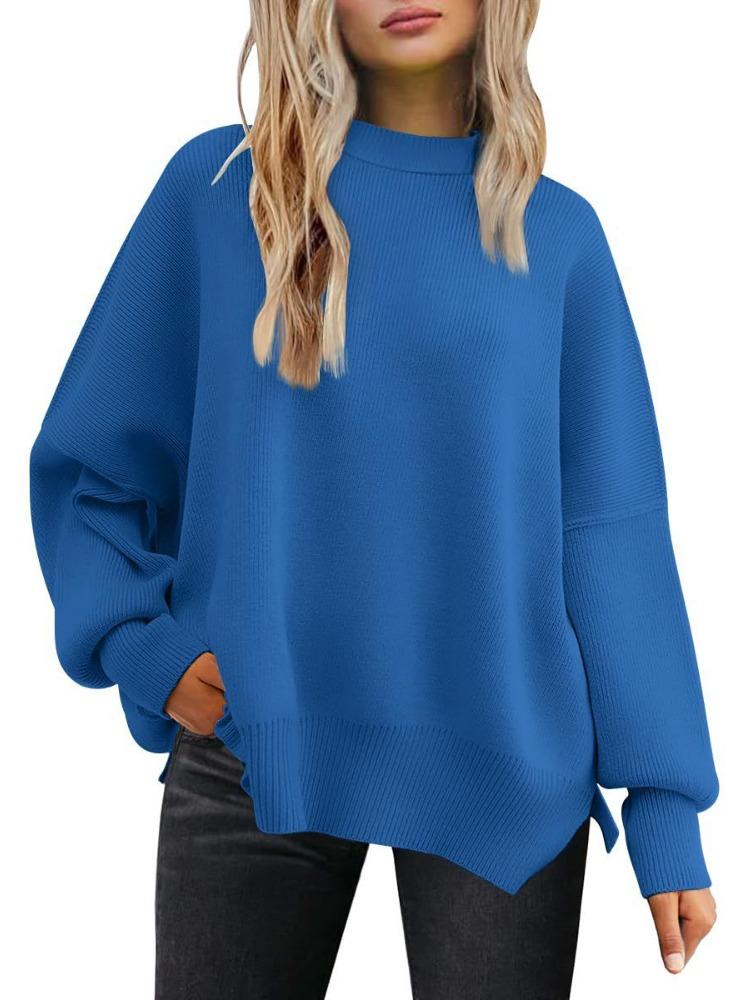 Women's Round Neck Batwing Sleeve Long Sleeved Ribbed Knit Sweater with Side Slit Pullover Luxurious Relaxed-fit Slimming and Versatile Top