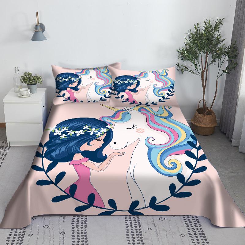 Pink Unicorn Sheet 3D Printed Cartoon Polyester Bed Flat Sheet With Pillowcase Kids Girls Children Bedding Gift