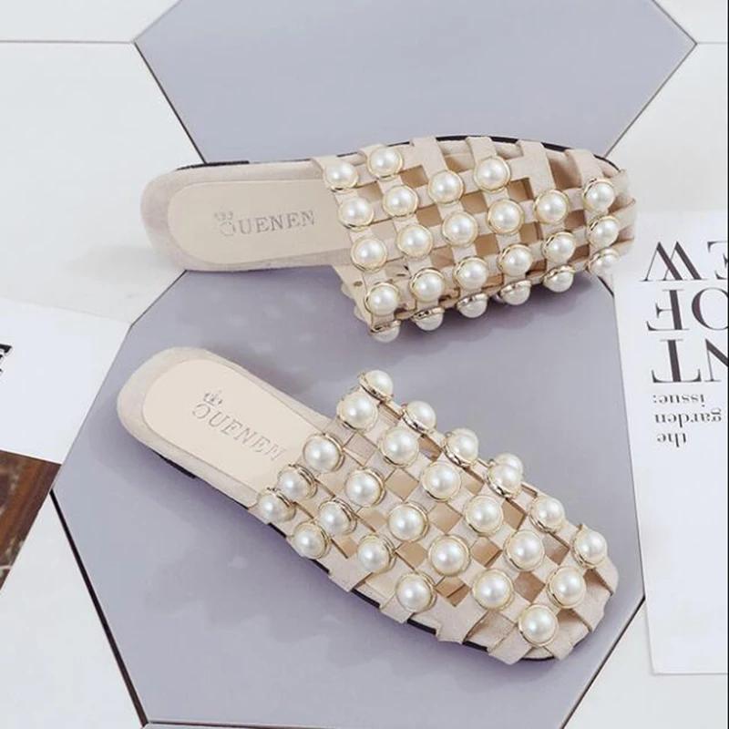 Fashion Comemore Fashion Summer Beach Sandals Shoes Pearl Sandals Belt Roman Flat Women Flip Flops Casual Flat Slippers Women Sandalias