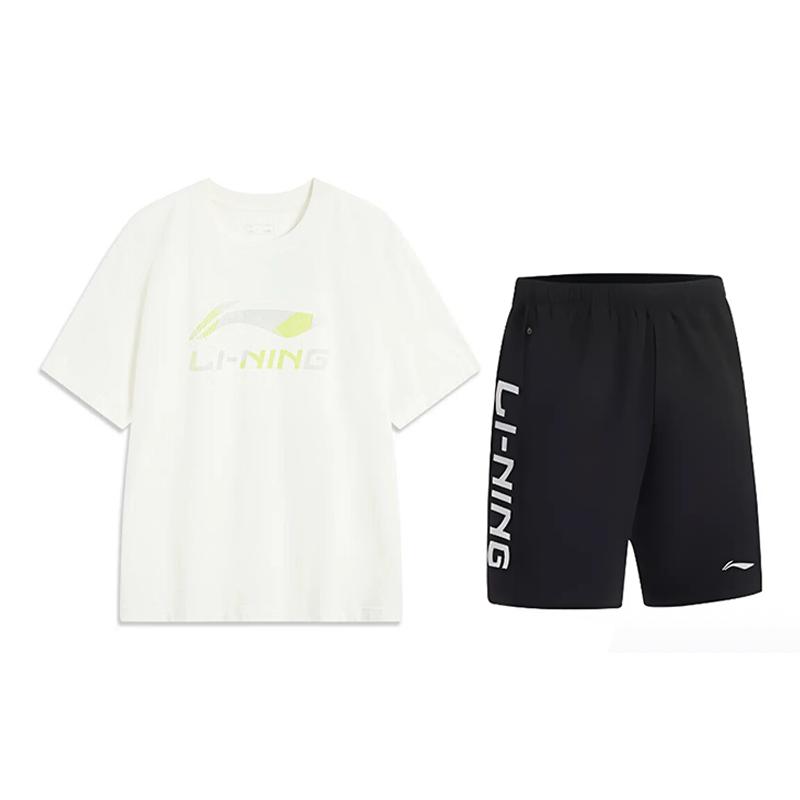 Li-Ning Versatile Solid Color Round Neck Short Sleeve T-Shirt Comfortable Logo Print Five-Point Shorts Casual Sports Suit AHSV161-1+YKSV115-1