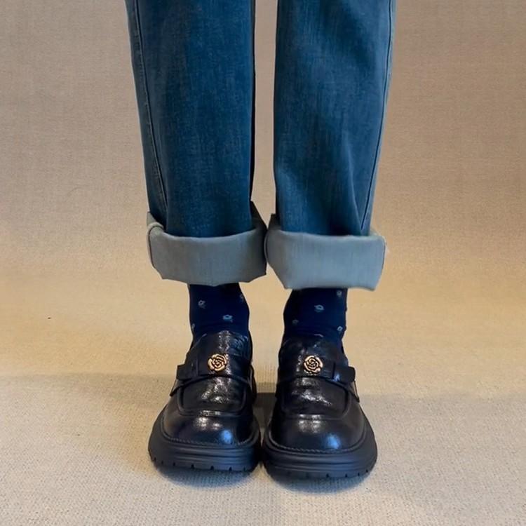 Cowhide version~ Retro camellia thick-heeled loafers women's leather round head one-pedal British style platform small leather shoes