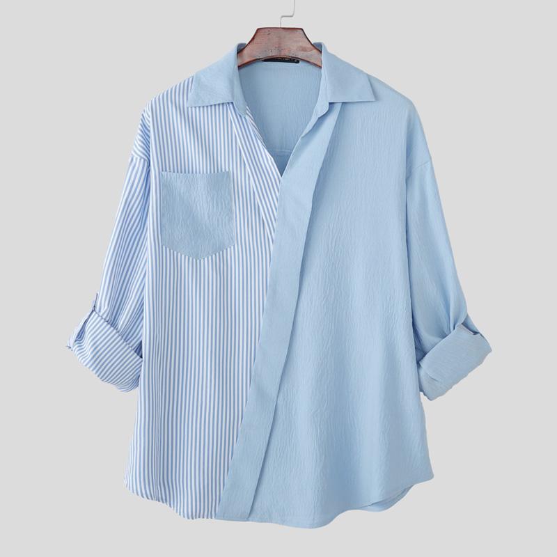 INCERUN Oversized Men Lapel Neck Long Sleeve Striped Patchwork Casual Shirts Tops 