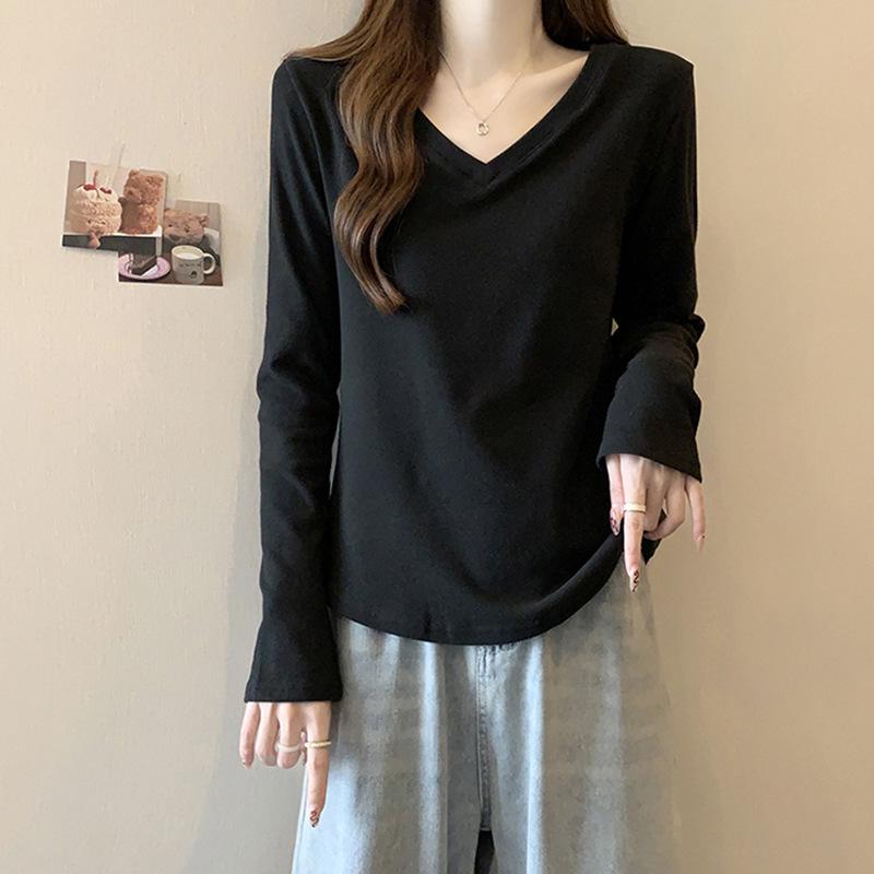 Plus Size V-Neck Long Sleeve T-Shirt for Women - Loose Fit, Tummy Slimming, Perfect for Autumn