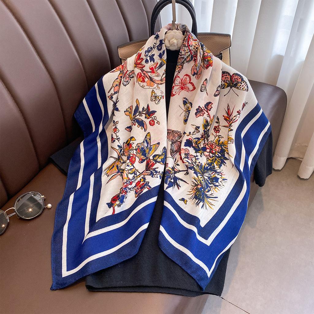 90X90Cm Vintage Butterfly Print Handkerchief Scarf For Women Imitation Silk Shawl Scarfs Female Square Head Scarves