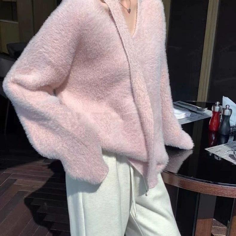 

Французский стример дизайн имитация норки вязаный свитер женский осенне-зимний мягкий восковой стиль знаменитости свободный топ с длинными рукавами average size 57-52