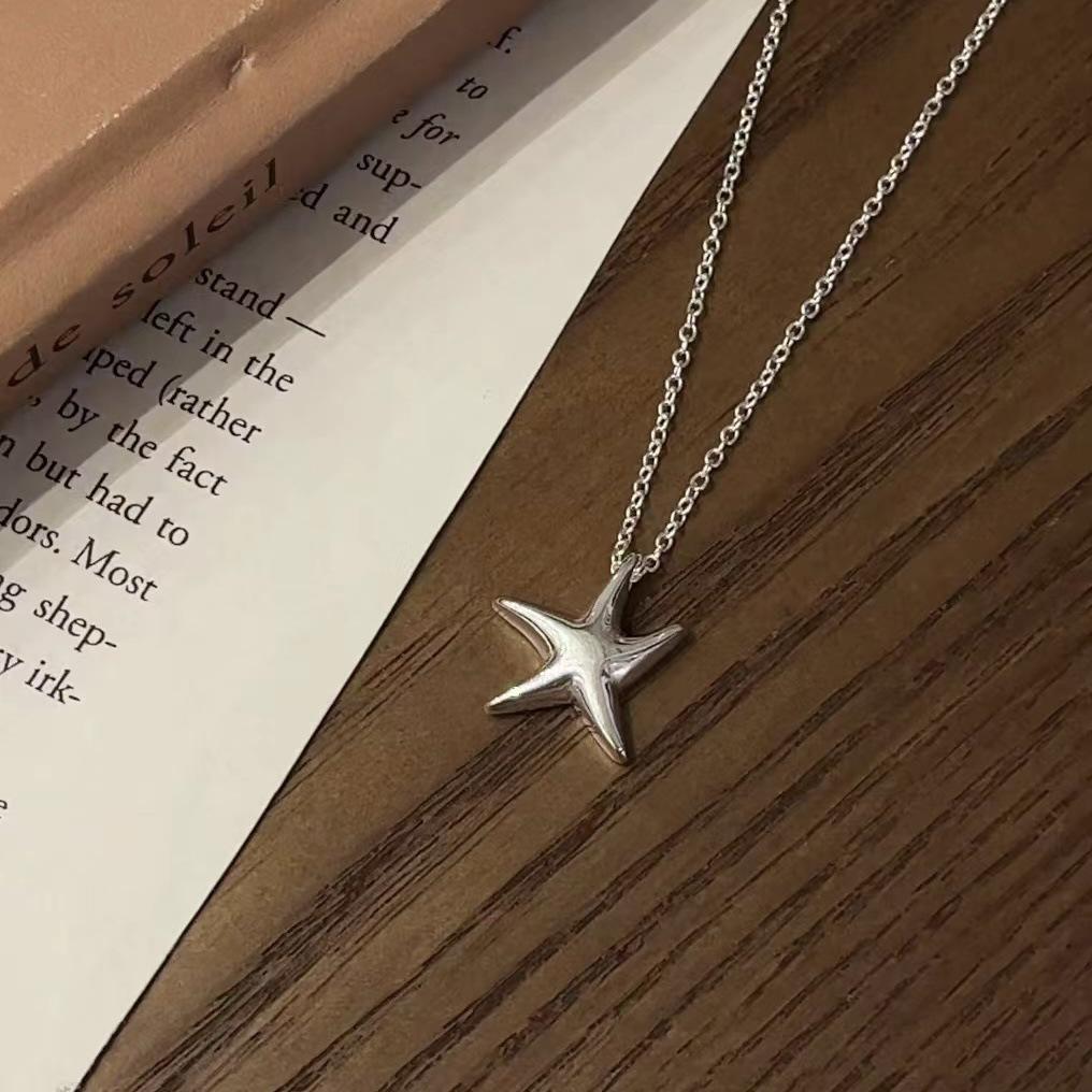 S925 Sterling Silver Starfish Necklace - Minimalist Five-Pointed Star Design for Girls 925 Sterling Silver