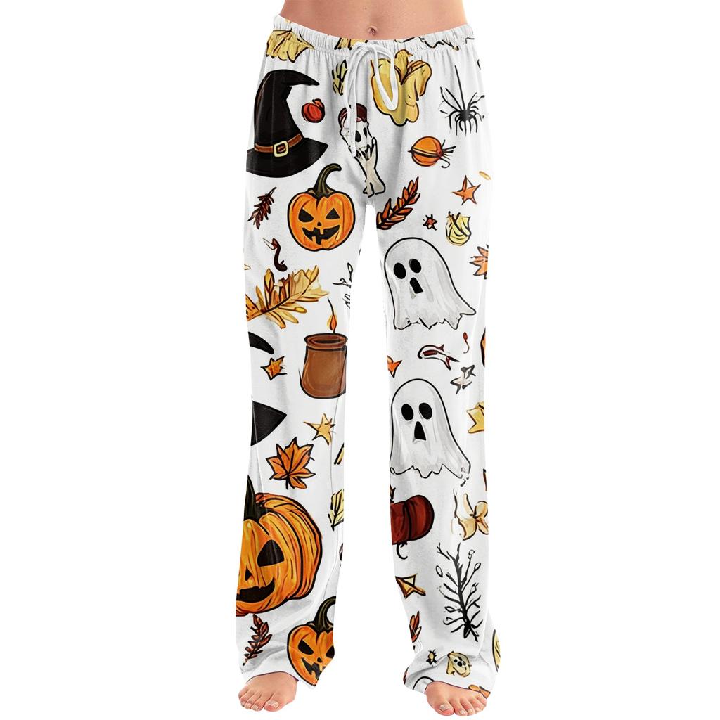 Women's Drawstring Waist Halloween Printed Long Pants Relaxed Fit Casual Trousers with Festive Pumpkin Bat Pattern