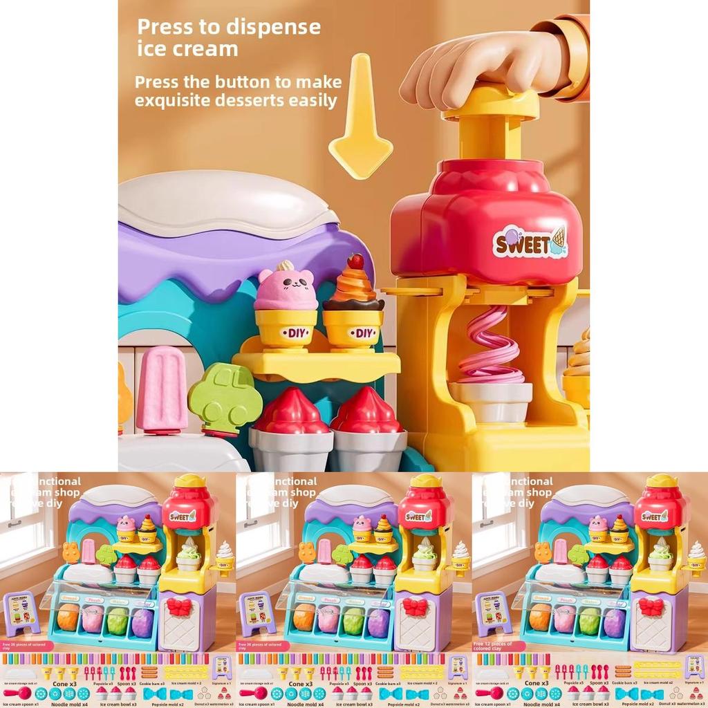 Kinder spielen Eismaschine Spielzeug mit bunter Knete für kreativen Spaß und Eltern-Kind-Interaktion