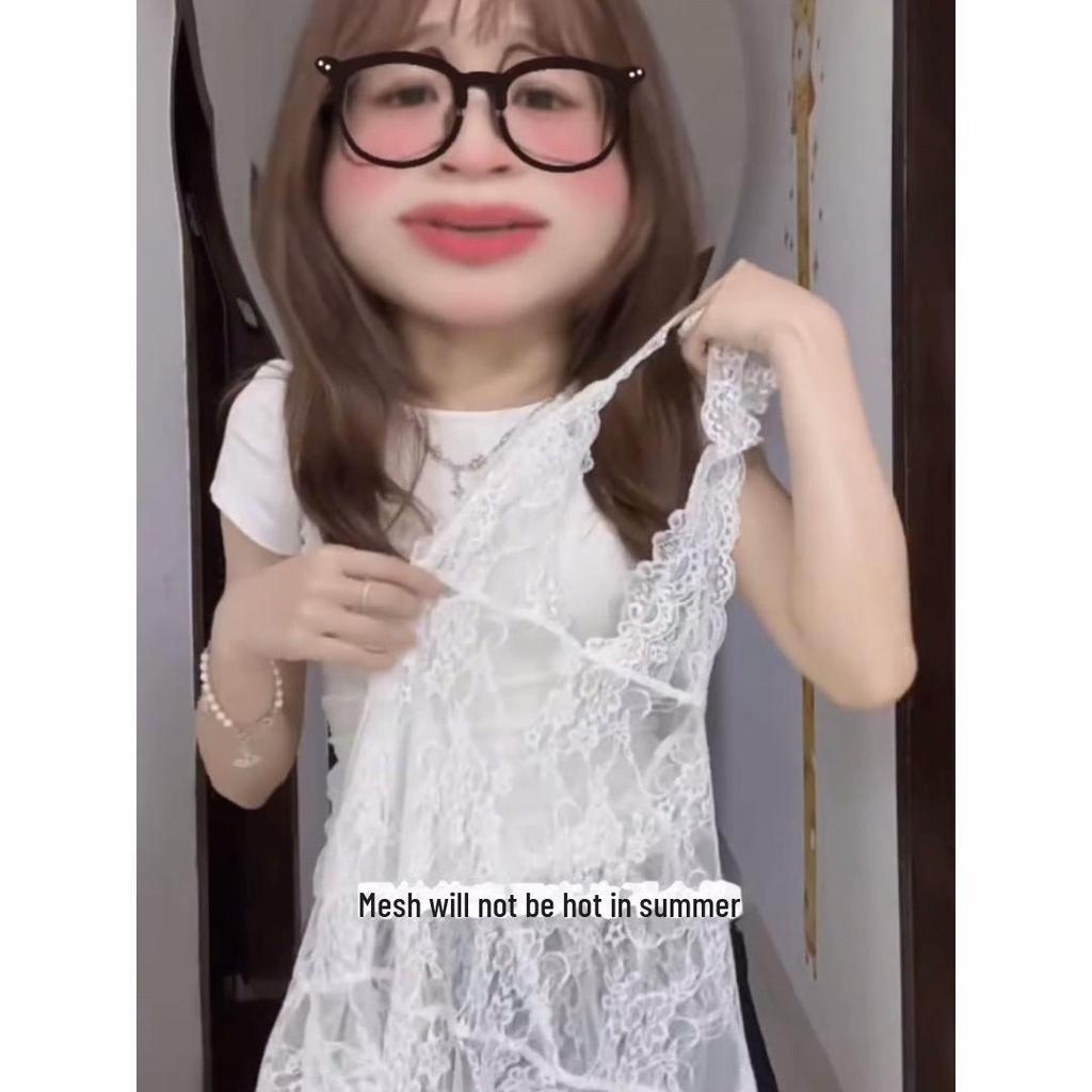 White Lace V-Neck Halter Top - Women's Sleeveless Belly-Covering Design