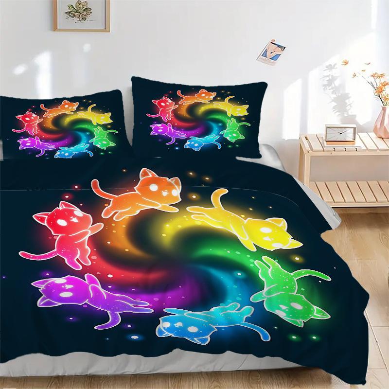 3-teiliges Sechs bunte süße Kätzchen Bettdecken-Set Cartoon-Thema Bettdecke Set Liebenswerte Charakter Schlafzimmer Dekoration Bettdecke Set Vier Jahreszeiten (1 Bezug + 2 Kissen