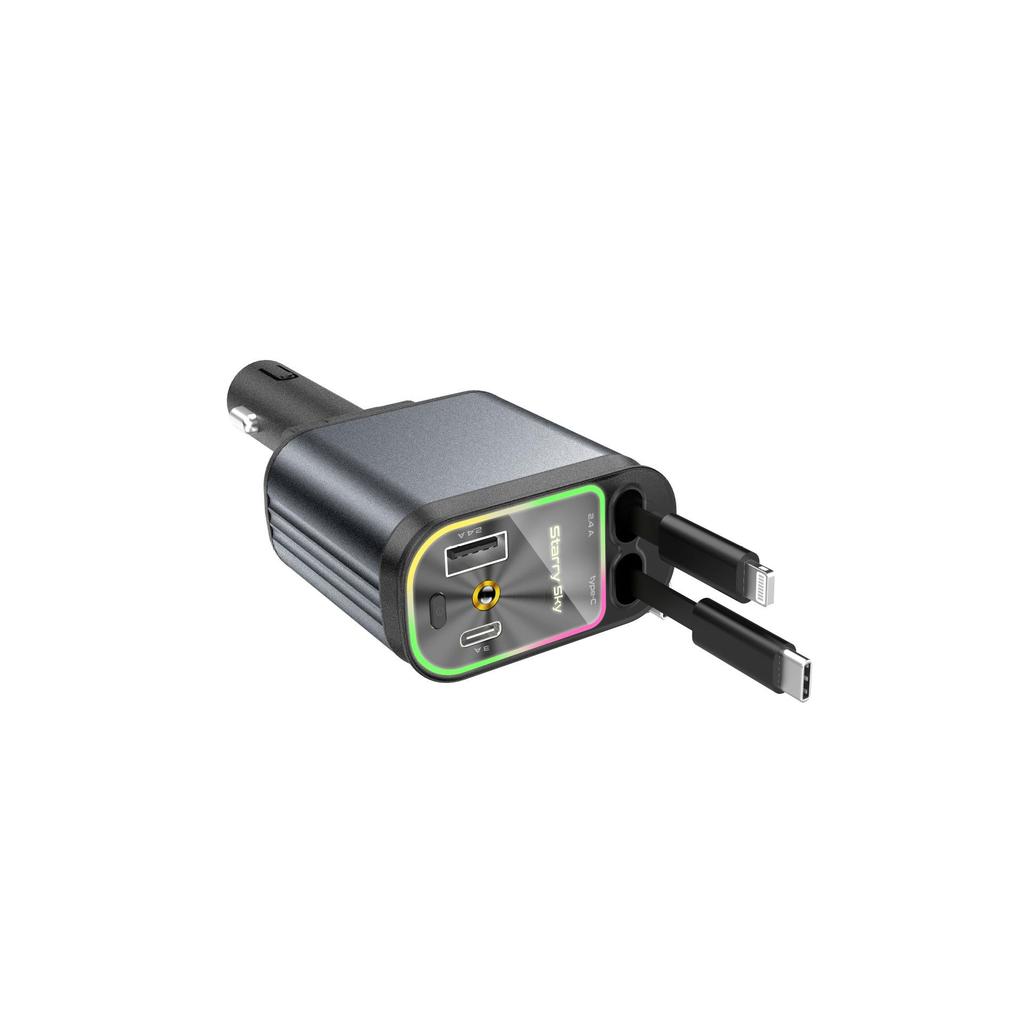 Starry Sky Multi-Function Car Charger: Dual Retractable Cables & Projector Light.