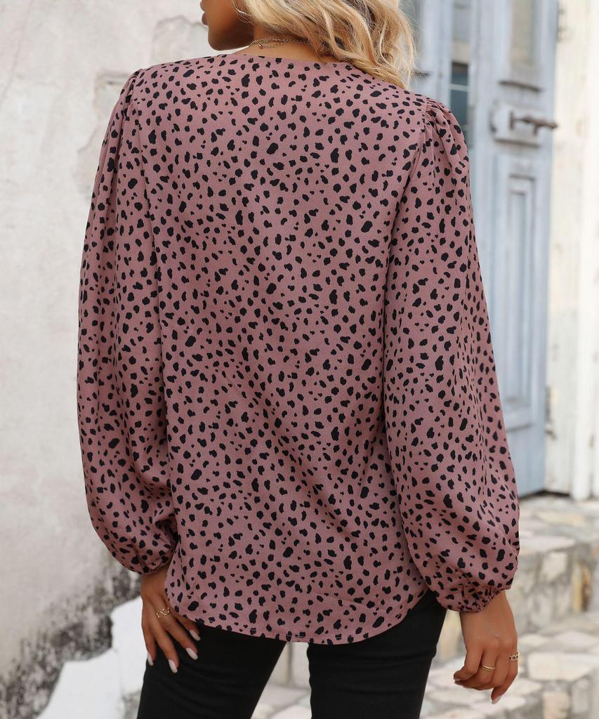 Women's 2024 Spring Leopard V-Neck Long Sleeve Commuting Top