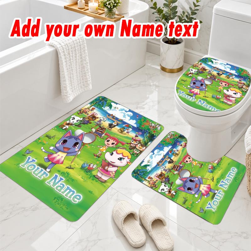 Personalized Animal Crossing 3Pcs Flannel Toilet Mat Set Custom Text Bathroom Rug Non Slip