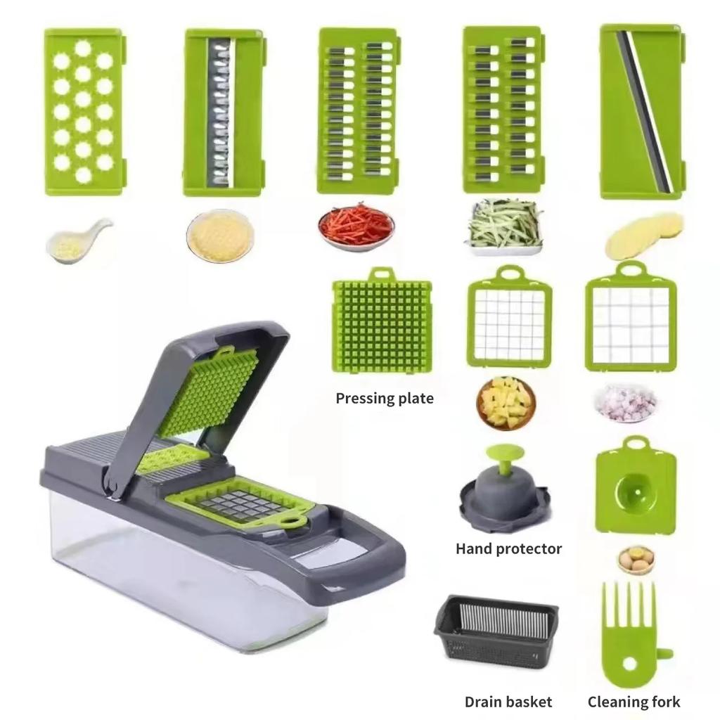 Multi-functional Vegetable Chopper 12-in-1 Shredder Manual Shredder Drain Basket Kitchen Tool Silk Scrubber Kitchen Accessories