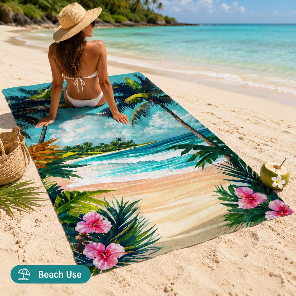 Tropical Palm Tree Beach Towel Flat Print Quick Dry Non-Woven Soft Bath Towel for Summer Vacation Pool Travel Hawaii Style