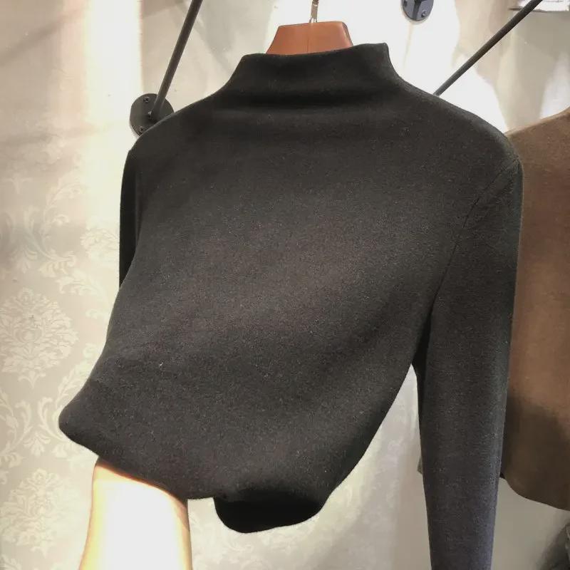 Damen Herbst/Winter Koreanischer Stil Samt Unterhemd, Halber Stehkragen, Verdicktes Langarm-T-Shirt