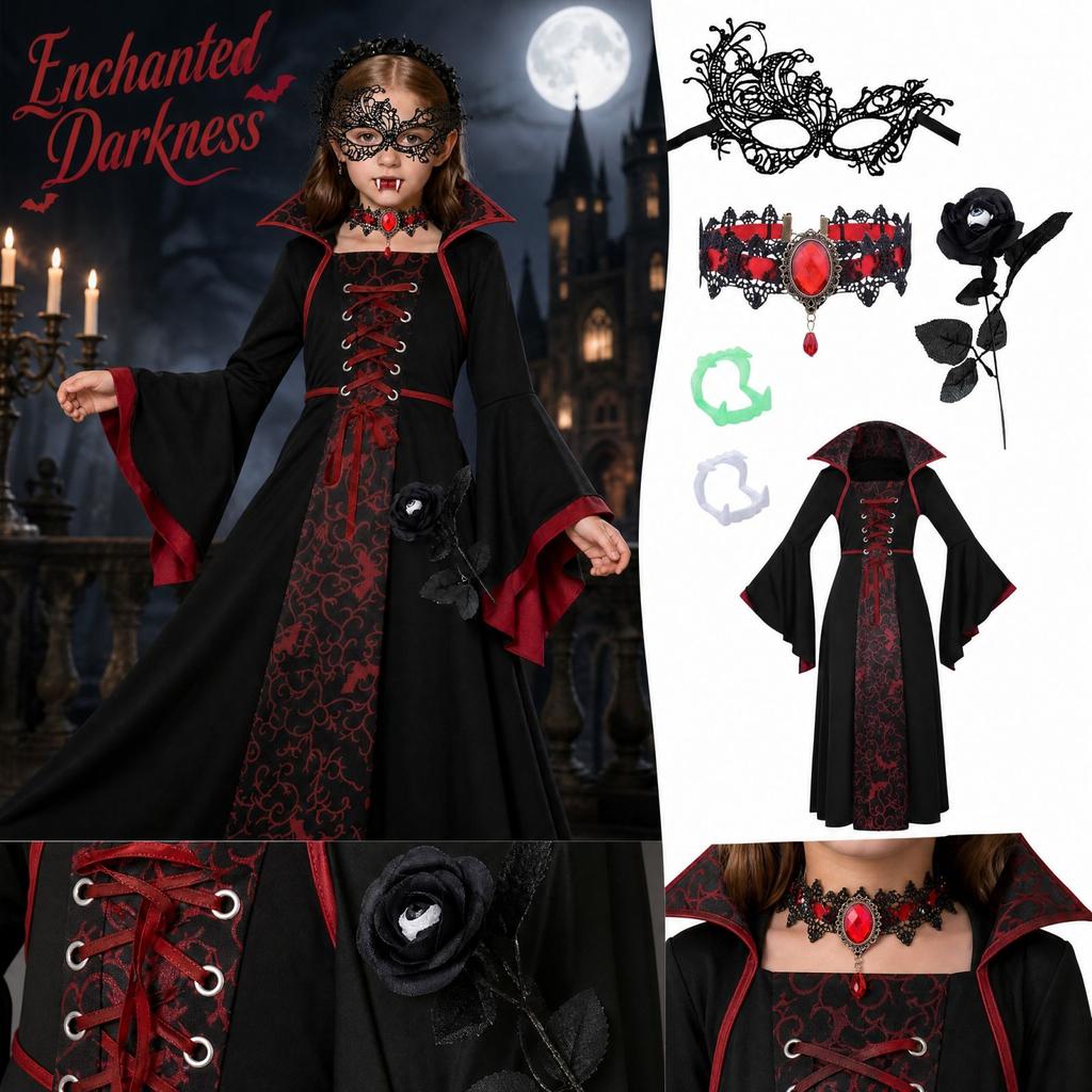 Girls Halloween Witch Costume Lace-Up High Collar Dress Set