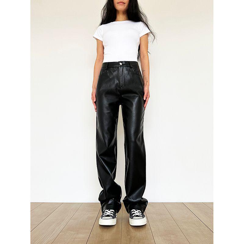 

Swagal Тонкие и универсальные повседневные кожаные брюки свободного кроя с высокой талией Black regular Edition XL