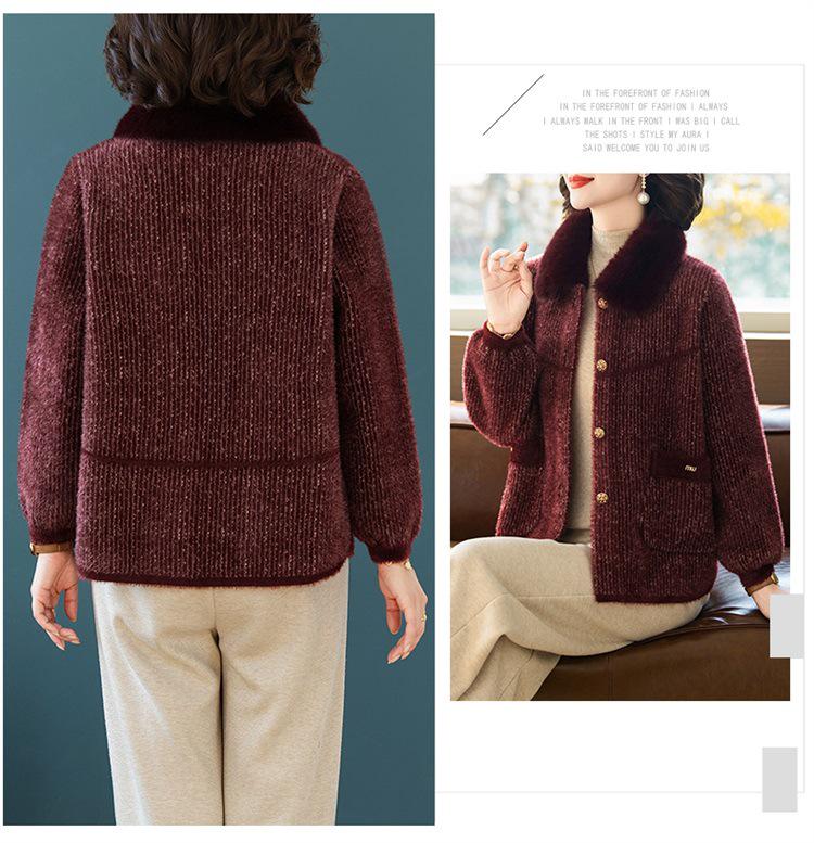 Women's Stylish Winter Coat: Middle-aged and Elderly Imitation Mink Velvet Woollen Thick Knit Cardigan Top