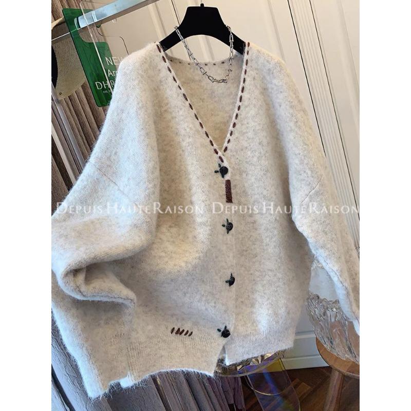 Lazy Style Retro Hand-stitched Large Sweater Jacket Women Loose Spring Autumn Thick Mid-length Knitted Cardigan