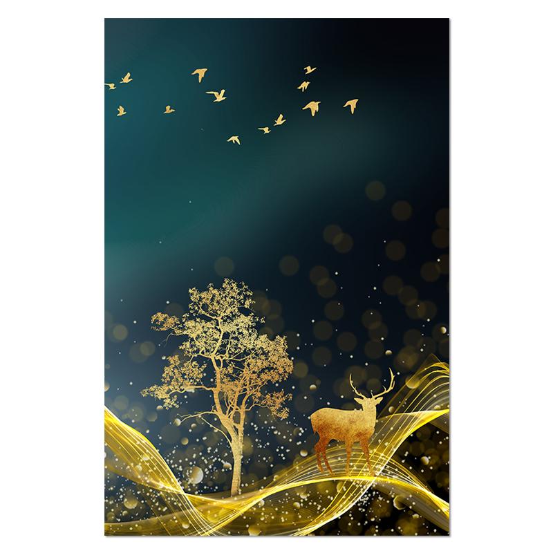Goldren Tree and Deer Animals Wall Art Posters and Prints Wall Pictures for Living Room Nordic Style Home Decor Canvas Paintings