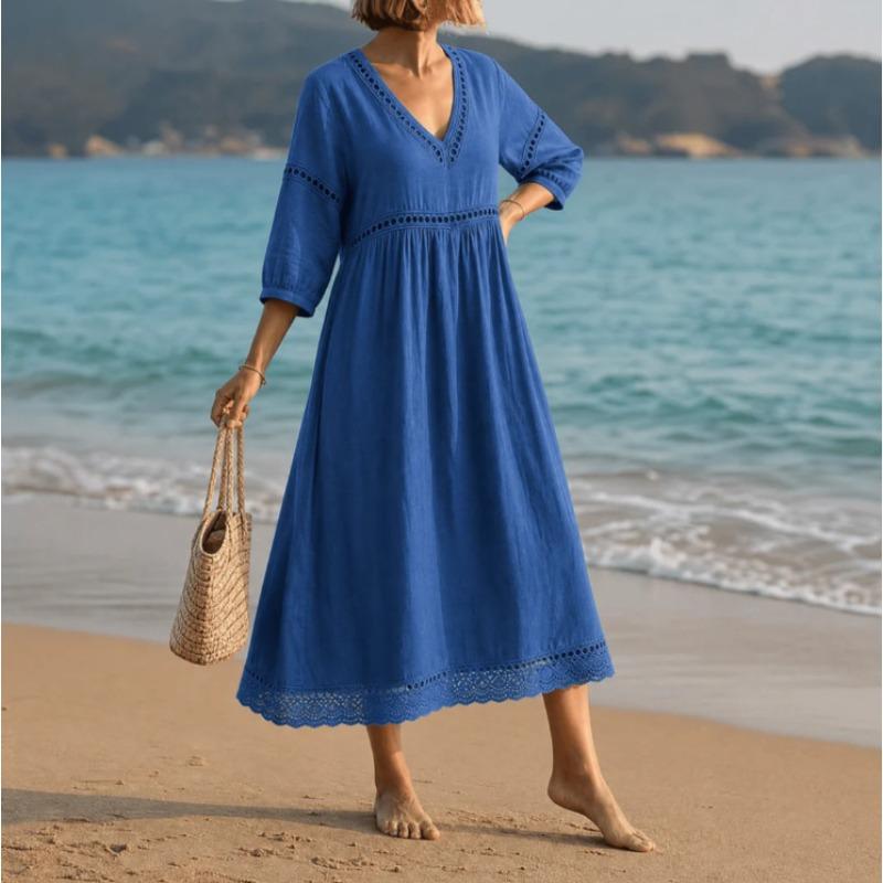 QICED Fashion Summer Spring Solid Color Print  3/4 Sleeves V-Neck Casual Dresses